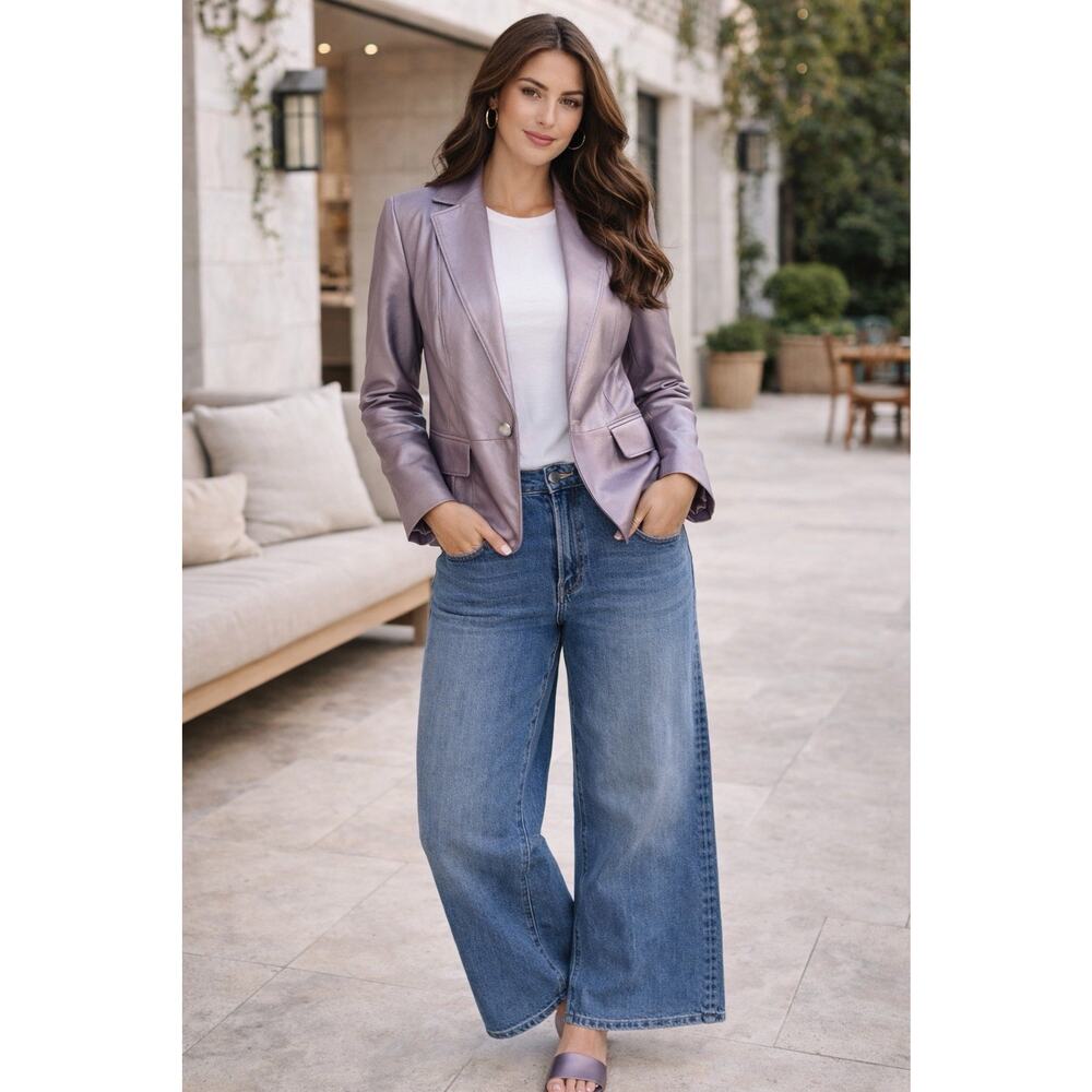 Worthington Vintage Metallic Lavender Genuine Leather Blazer Jacket Size Large